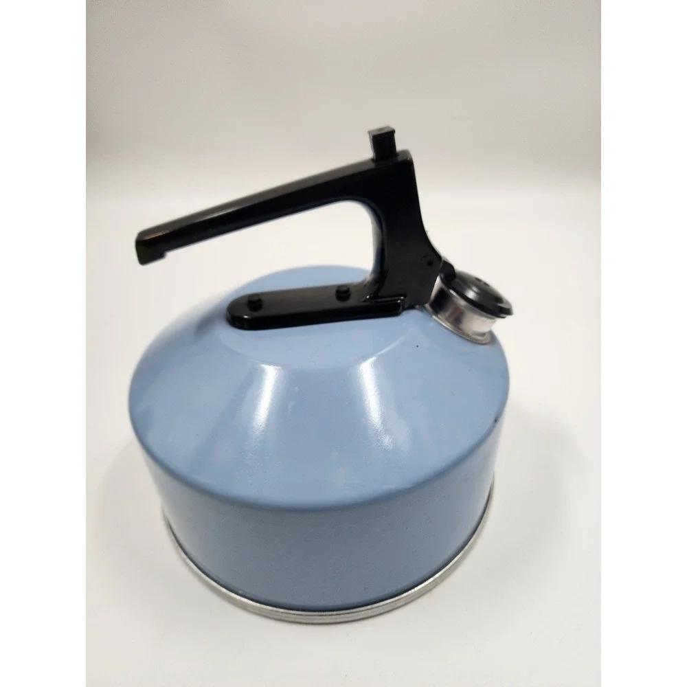 Vintage Light Blue Enamel Whistling Tea Kettle Stovetop Retro Mid Century Modern